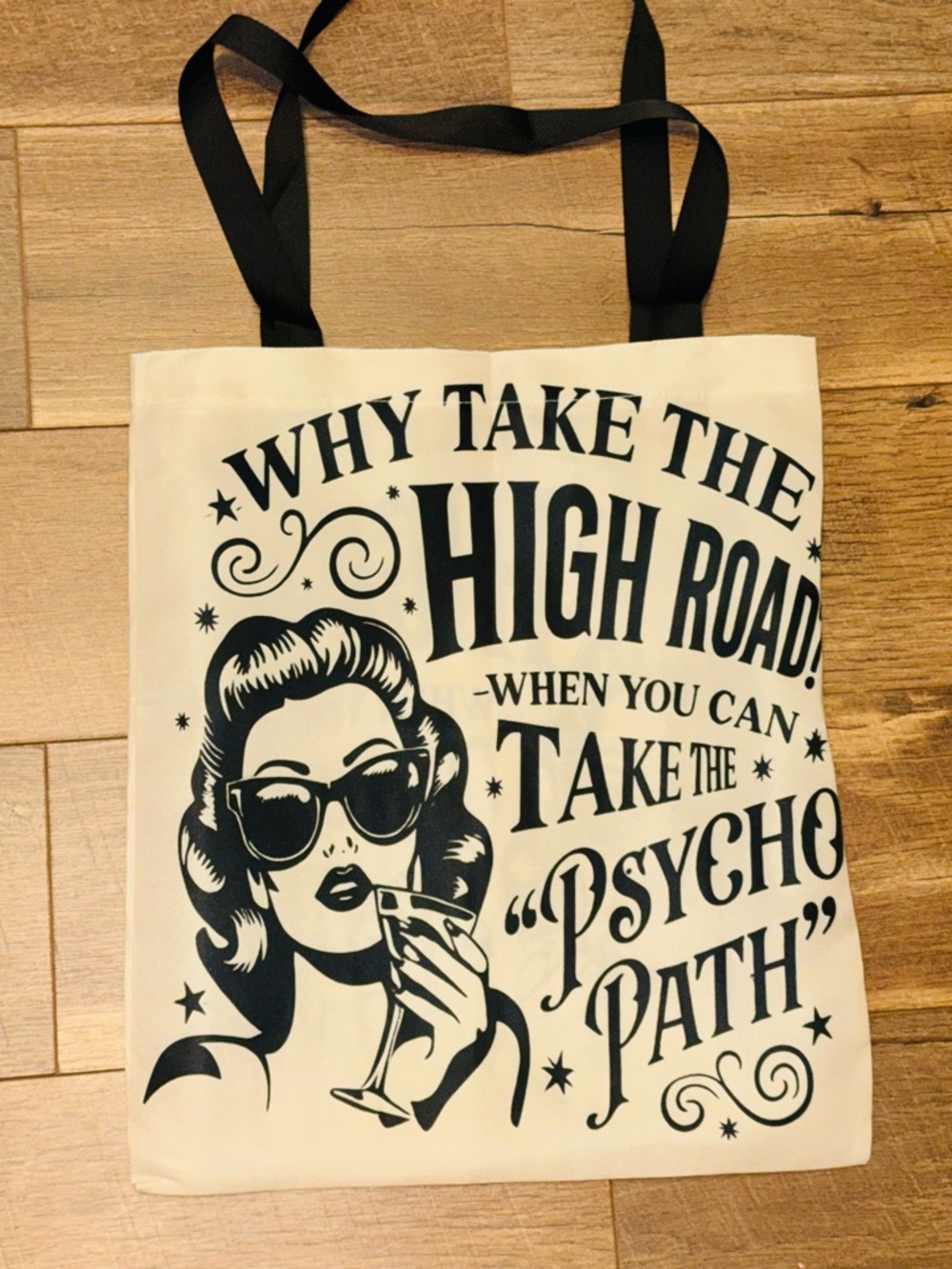 BNWT Retro “Take the Psycho Path” Graphic Tote Bag Funny Pinup Tote Bag